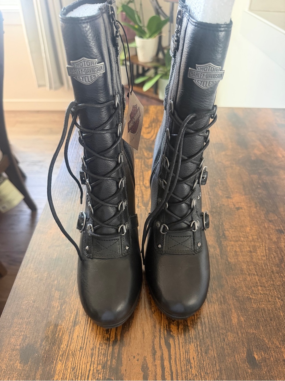 Harley-Davidson Women’s Black Leather Mid-Calf Lace-Up Zip Buckle Boots 9.5